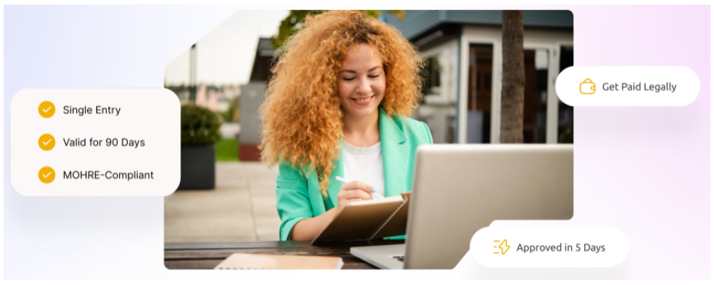 Freelancer working on a laptop with UAE Mission Visa benefit callouts showing single entry, valid for 90 days, MOHRE-compliant, get paid legally and approved in 5 days.